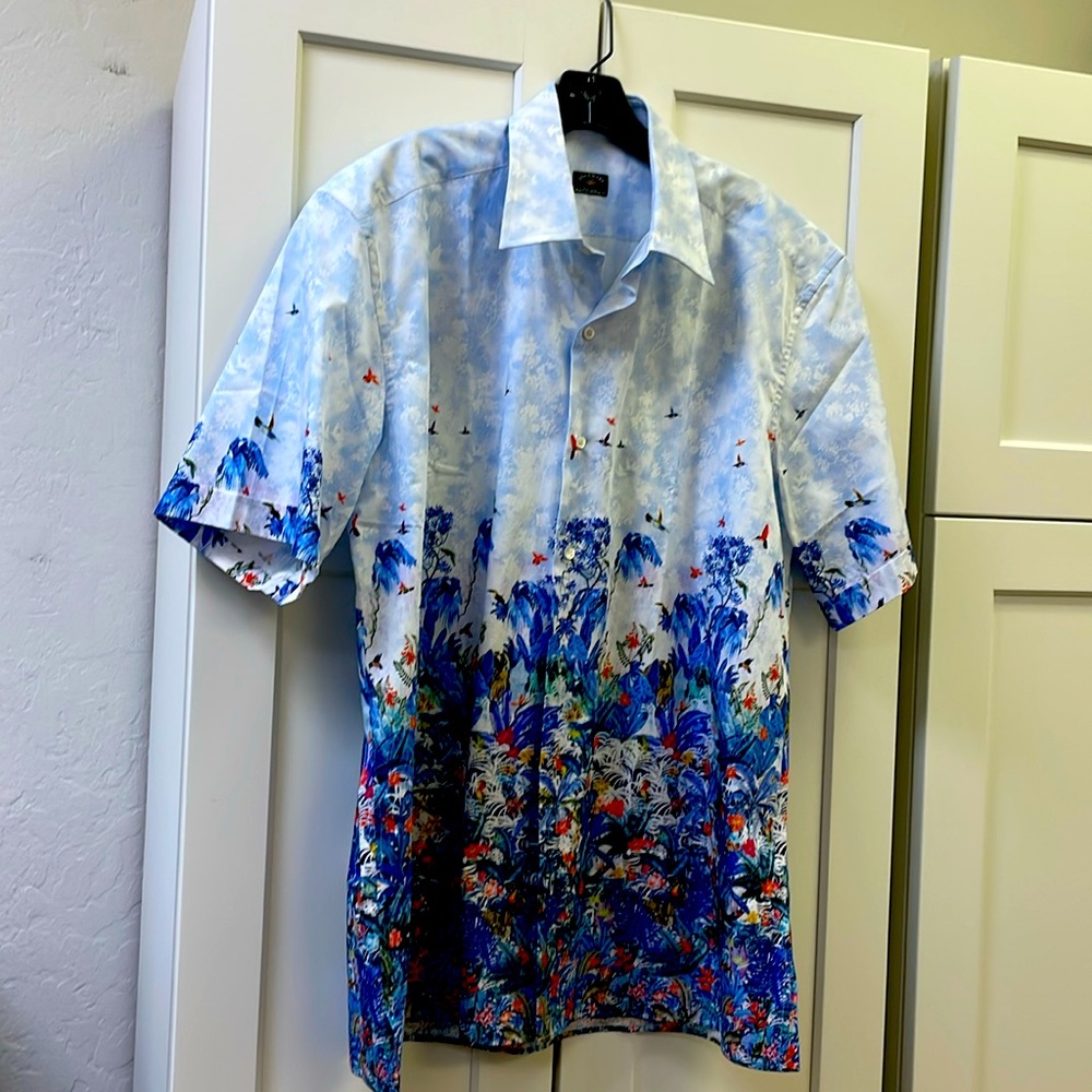 SOLEMARE MENS SHORT SLEEVE SPORT SHIRT SIZE L COLOR BLUE 100% COTTON